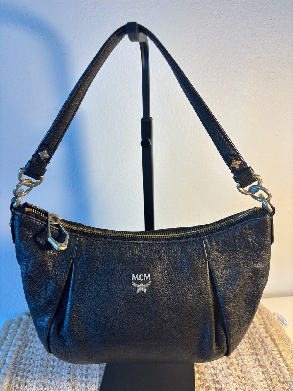 Authentic MCM Black Pebbled Leather Monogram Hobo Bag